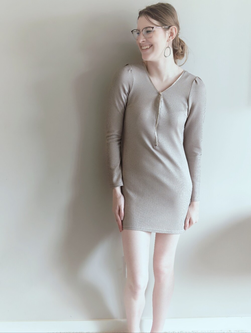 Tout Femme Taupe Gold Hardware Textured Full Zip Bodycon Mini Dress | Size XS/S